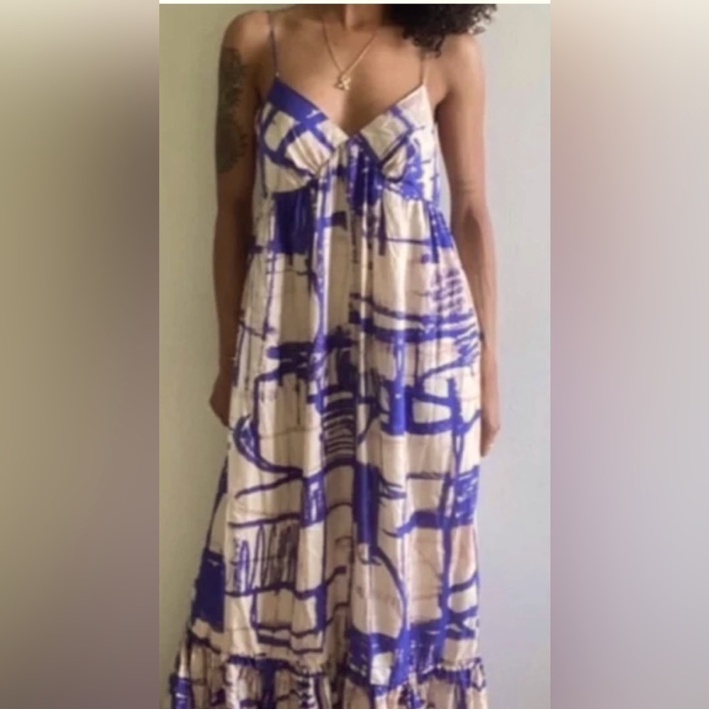 Anthropologie I Isabella Sinclair Abstract Silk Maxi Dress in Cream & Eggplant